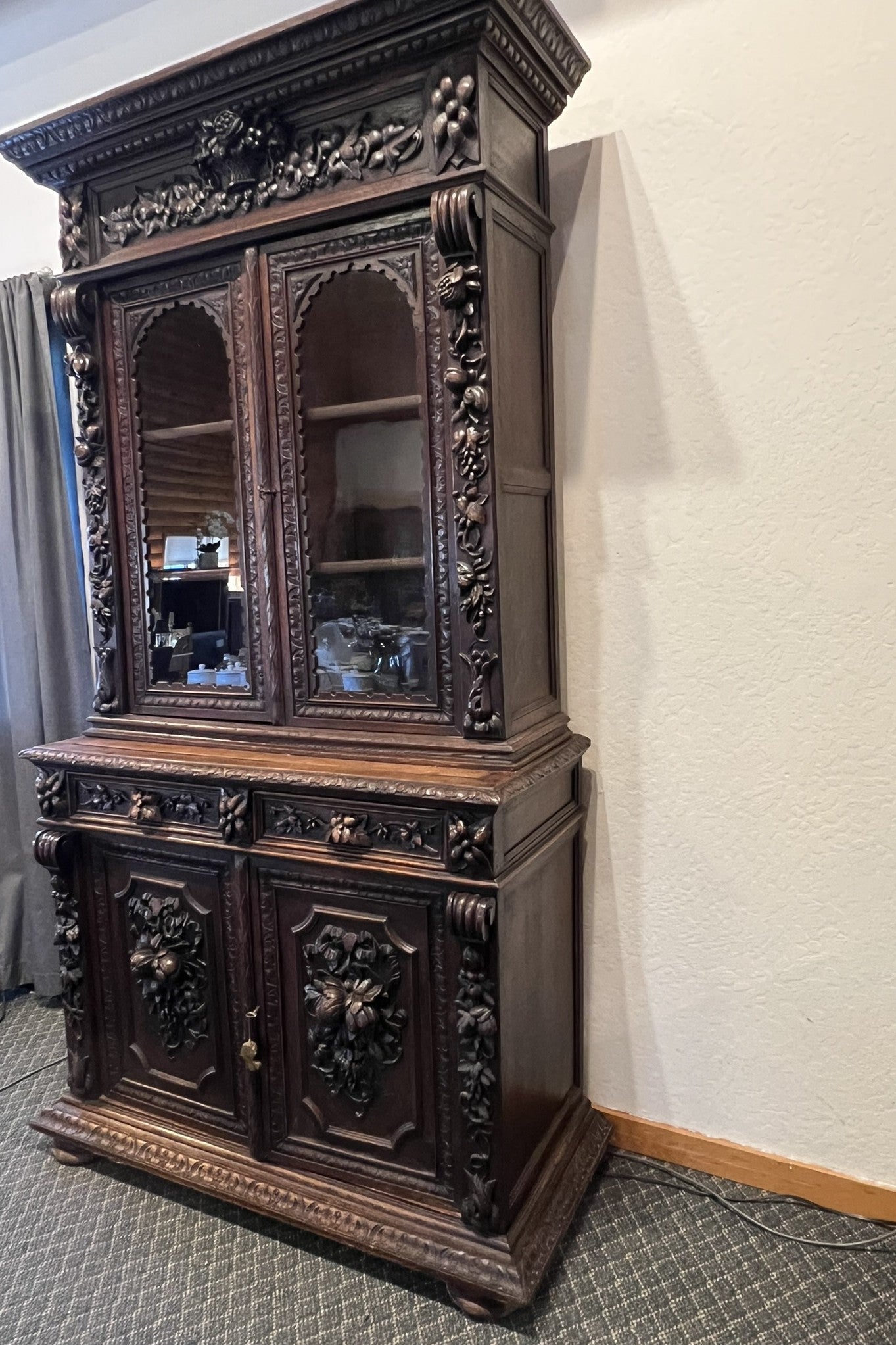 Antique French Normandy Hand Carved Oak Hutch – 19th Century Cabinet