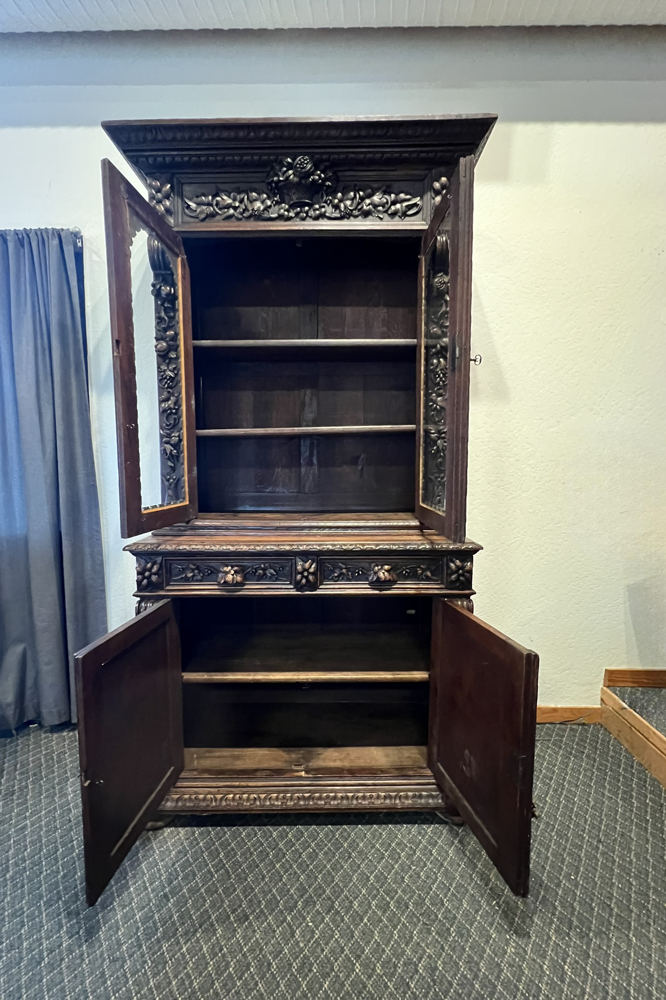 Antique French Normandy Hand Carved Oak Hutch – 19th Century Cabinet