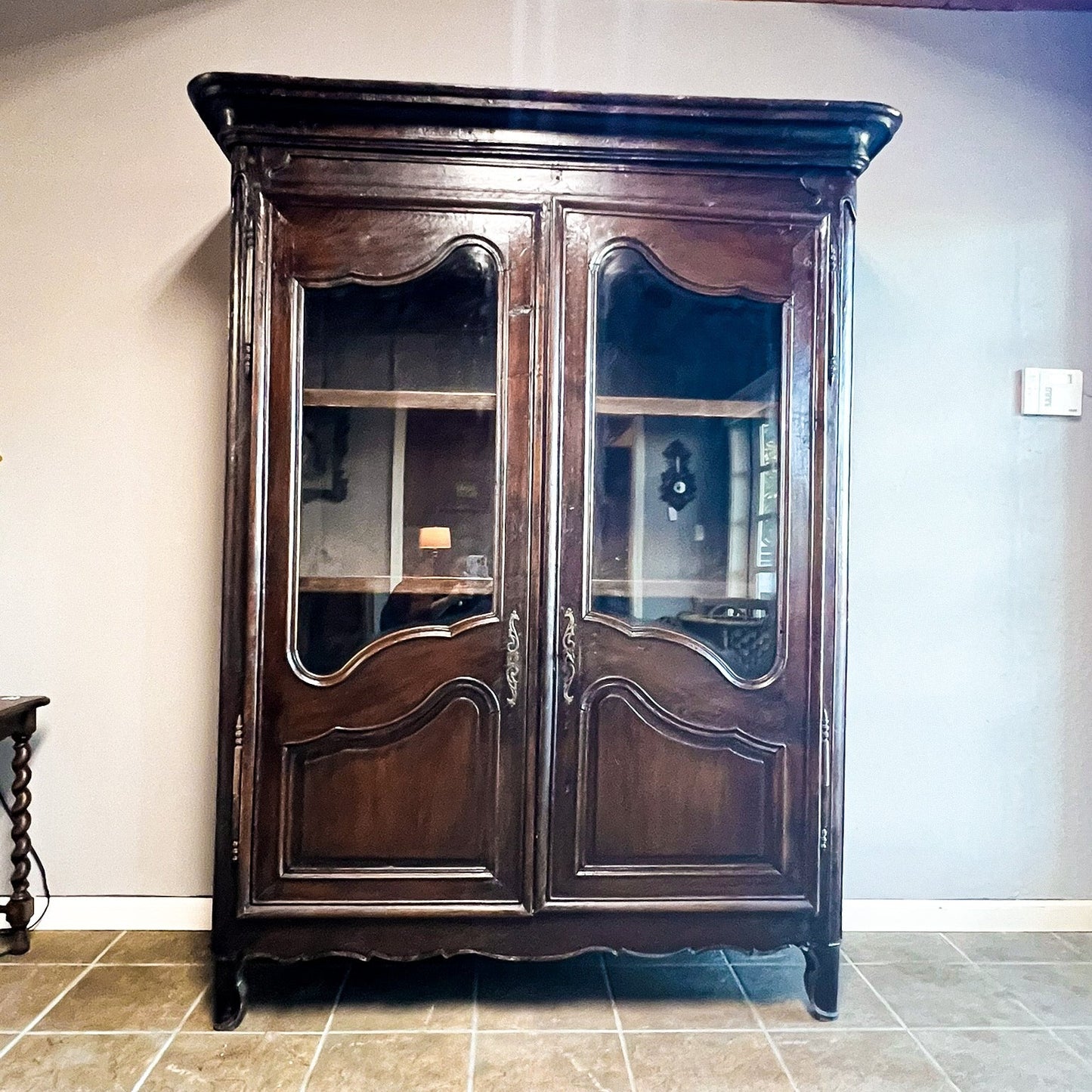 Antique French Provincial Solid Oak Glass Door Armoire