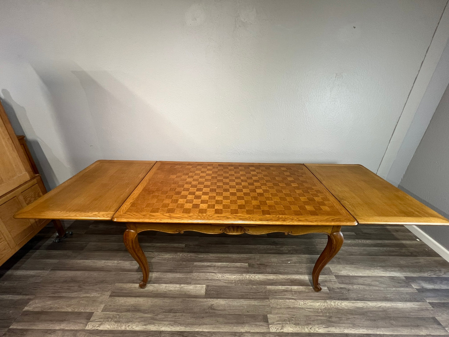 Vintage Belgian Oak Pull Out Extending Leaves Table