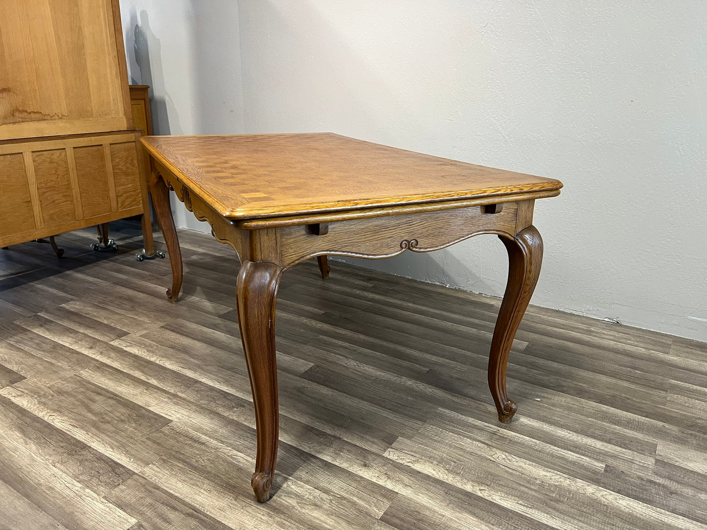 Vintage Belgian Oak Pull Out Extending Leaves Table