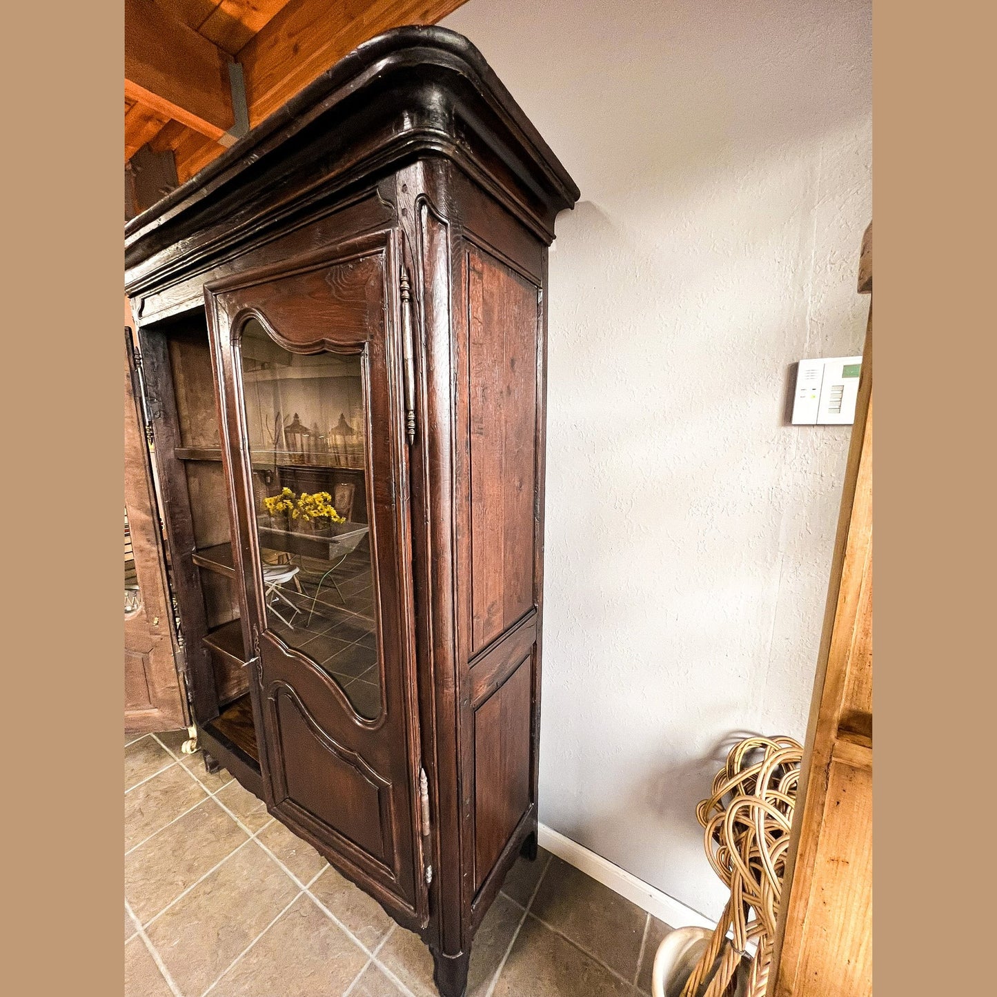 Antique French Provincial Solid Oak Glass Door Armoire