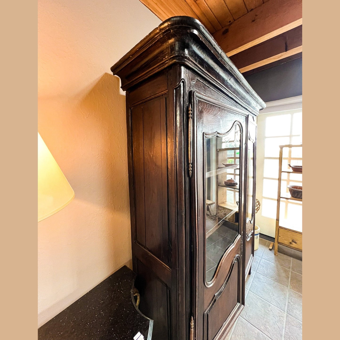 Antique French Provincial Solid Oak Glass Door Armoire