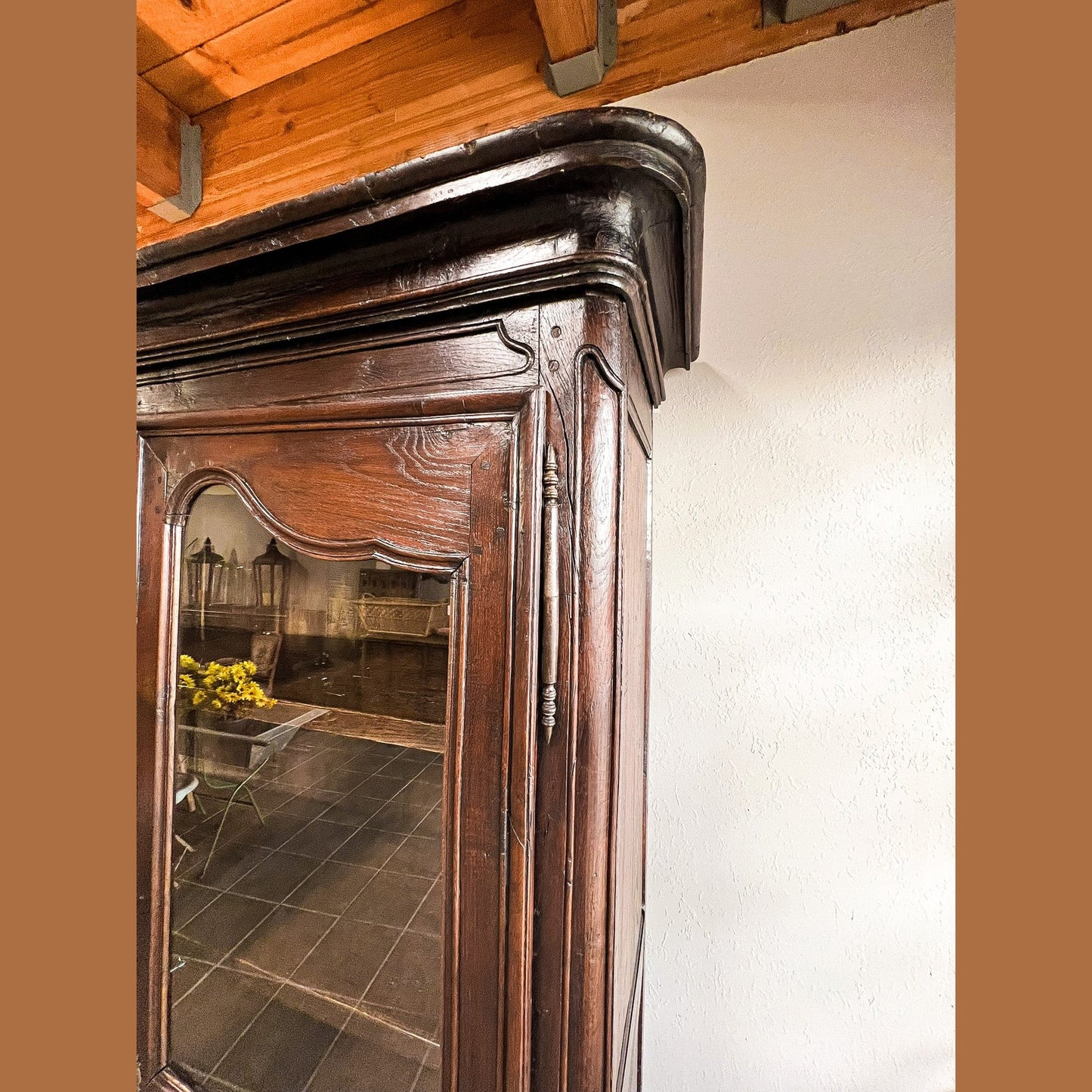 Antique French Provincial Solid Oak Glass Door Armoire