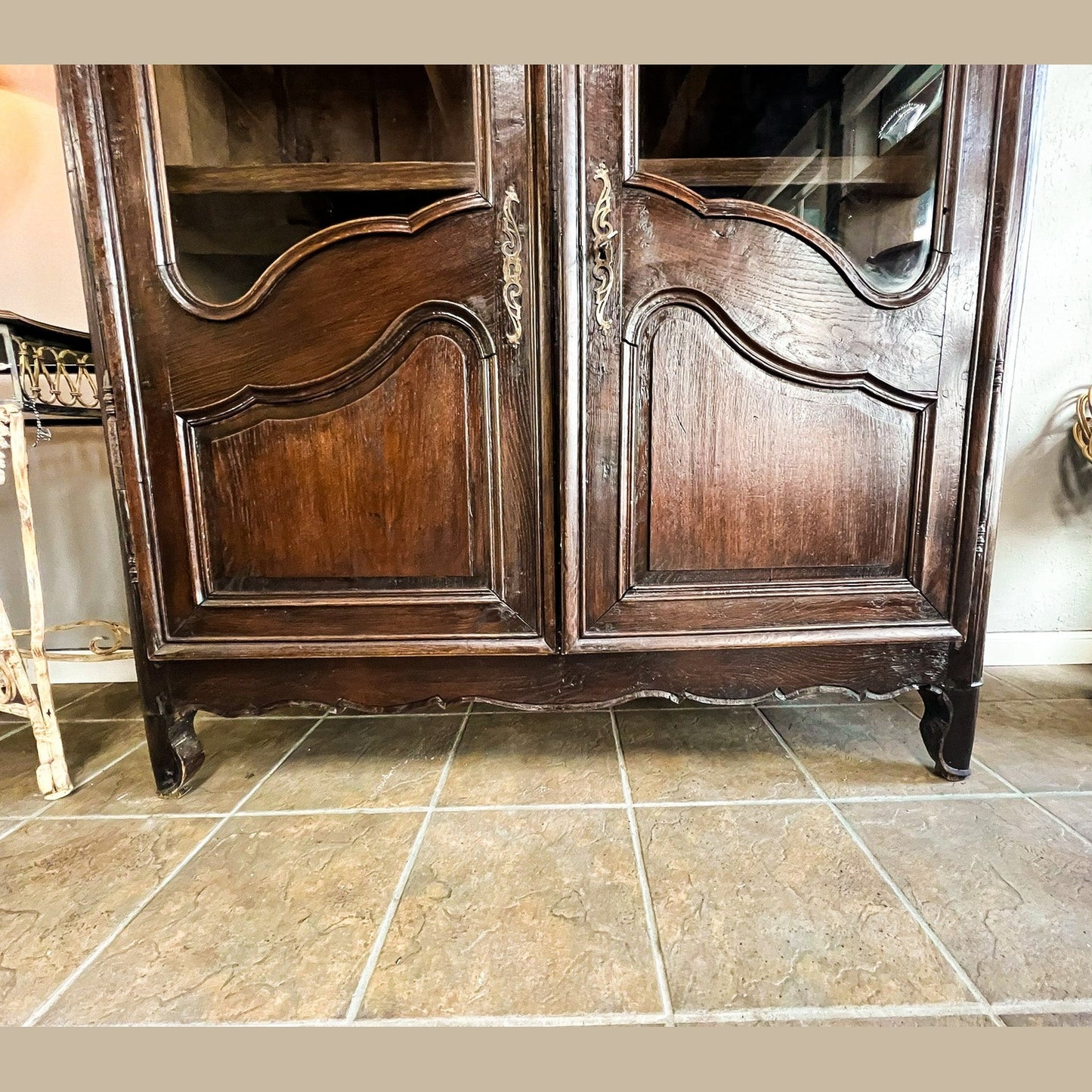 Antique French Provincial Solid Oak Glass Door Armoire