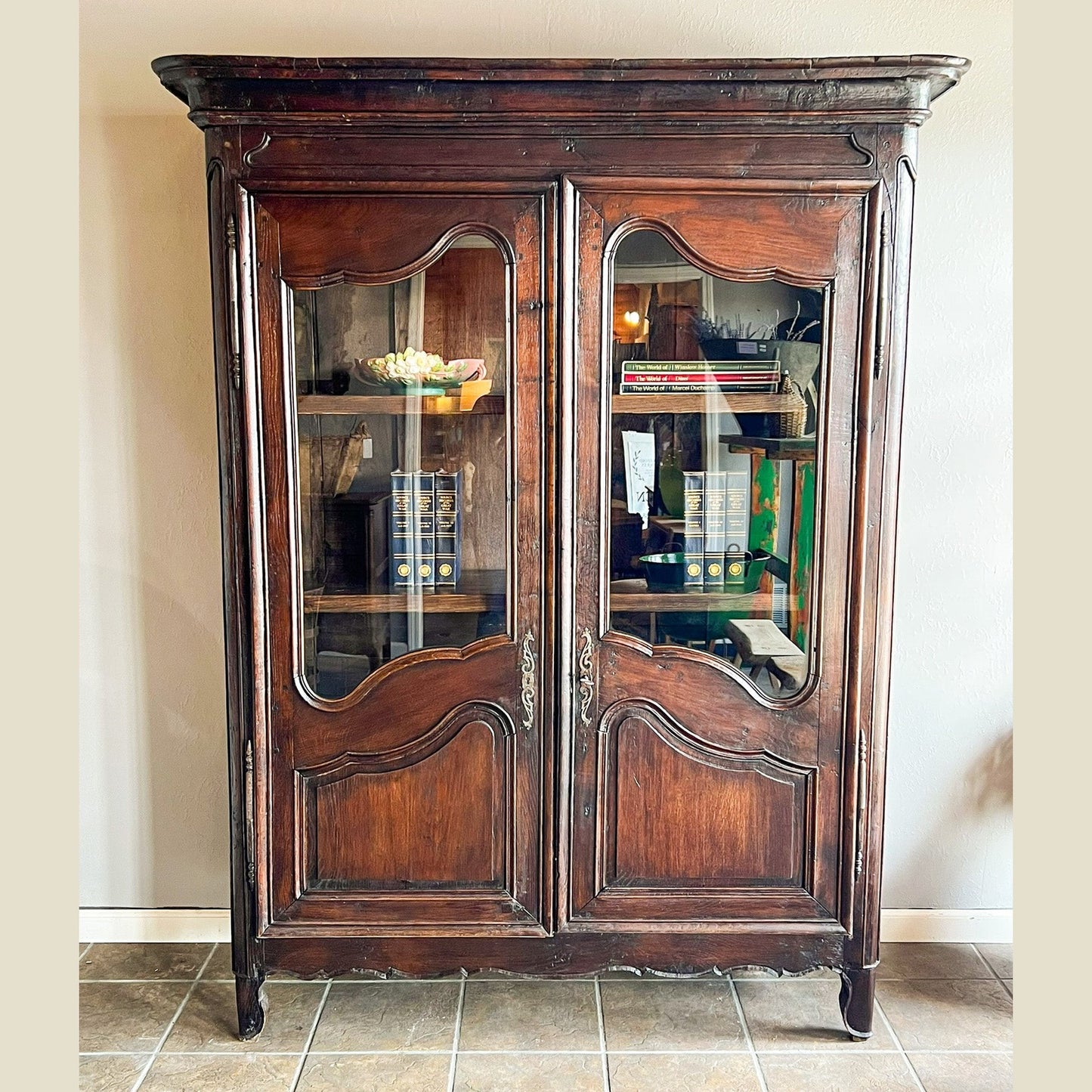 Antique French Provincial Solid Oak Glass Door Armoire