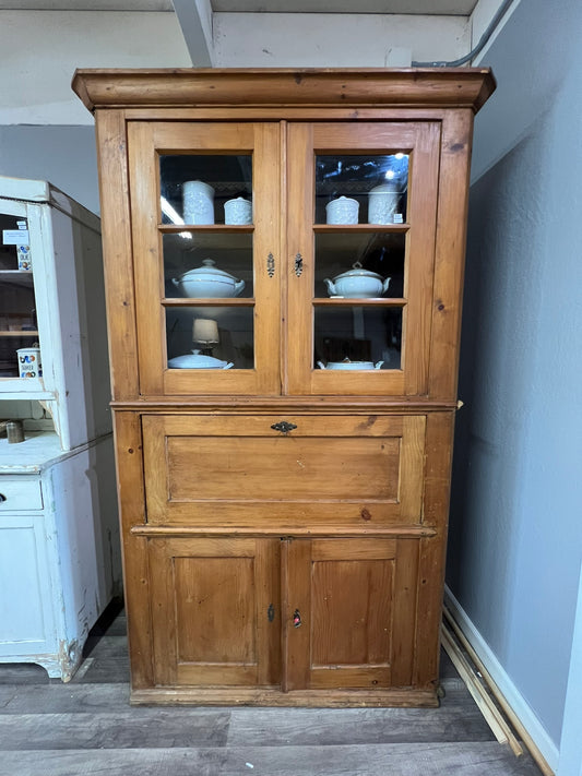Vintage German Pine Hutch with Secretary Desk and Glass Display #107