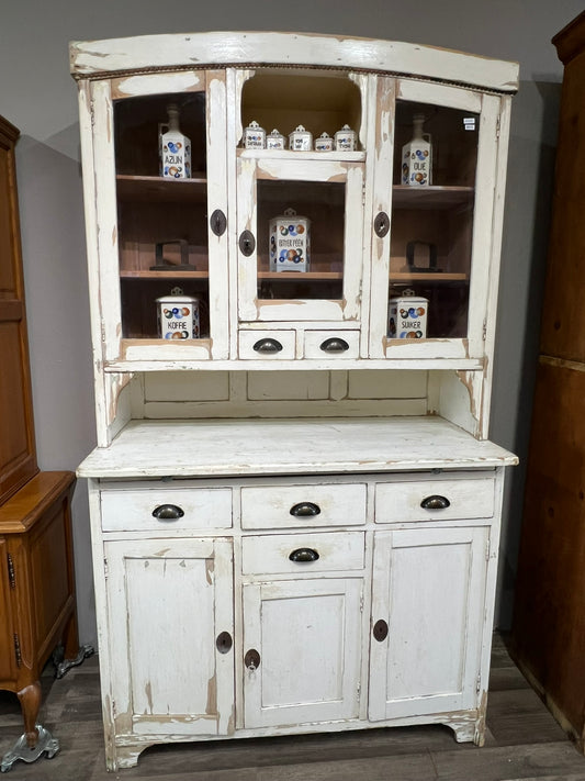 Vintage German Pine Hutch in Distressed White Paint, Glass Doors & Ample Storage #108