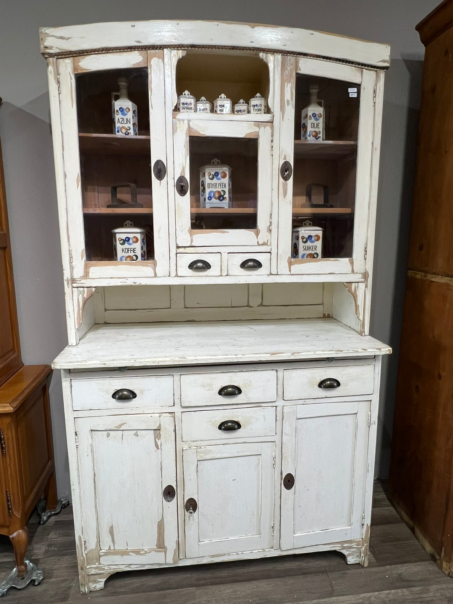 Vintage German Pine Hutch in Distressed White Paint, Glass Doors & Ample Storage #108