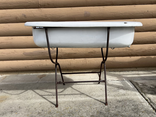 Vintage Hungarian Enamel Baby Bath on Iron Stand –#102