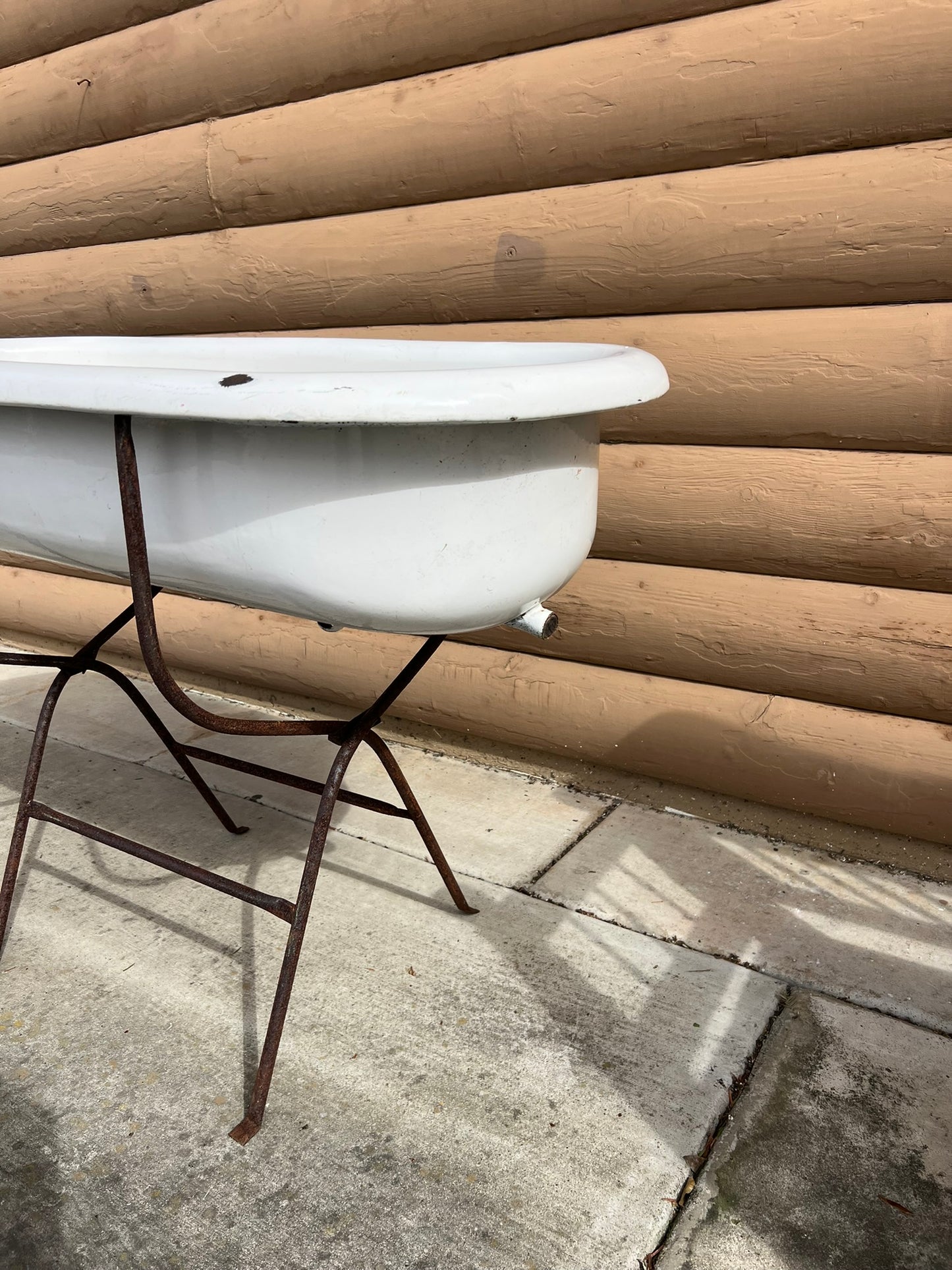 Vintage Hungarian Enamel Baby Bath on Iron Stand –#102