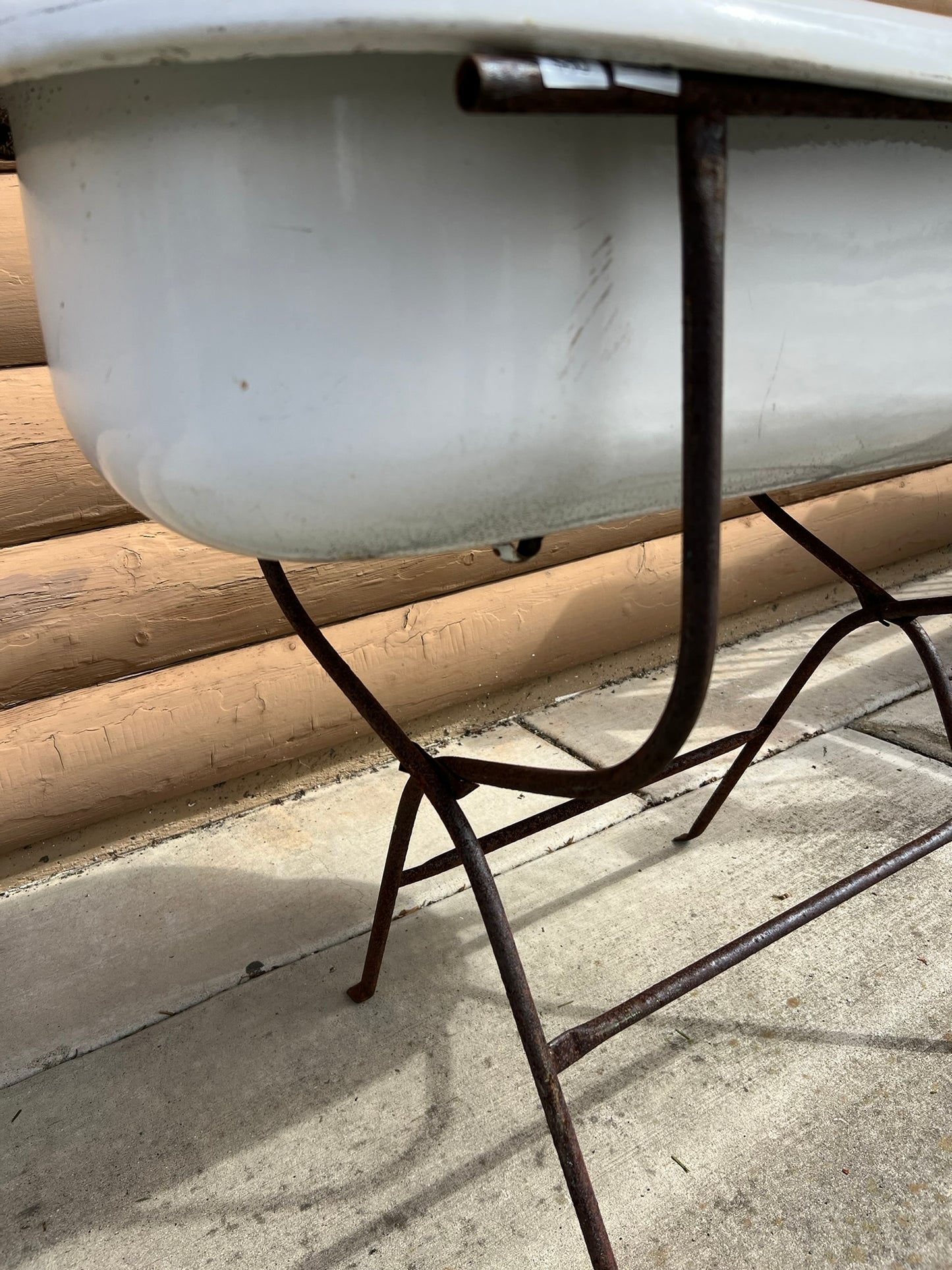 Vintage Hungarian Enamel Baby Bath on Iron Stand –#102
