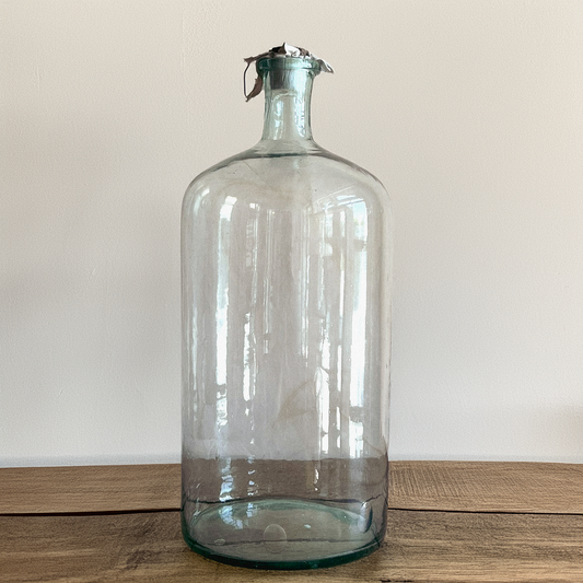 Clear Apothecial Tall Clear Vintage Large Italian Glass Oil Bottle | Handblown Apothecary Vessel | Rustic Farmhouse Decor | Wabi-Sabi Glass Jar | Antique Display Bottle