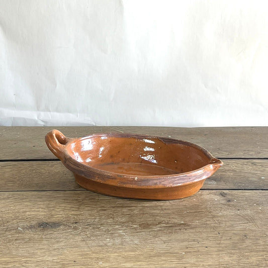 Antique French Terracotta Oval Baking Dish – Rustic Farmhouse Serving Bowl with Handle #06
