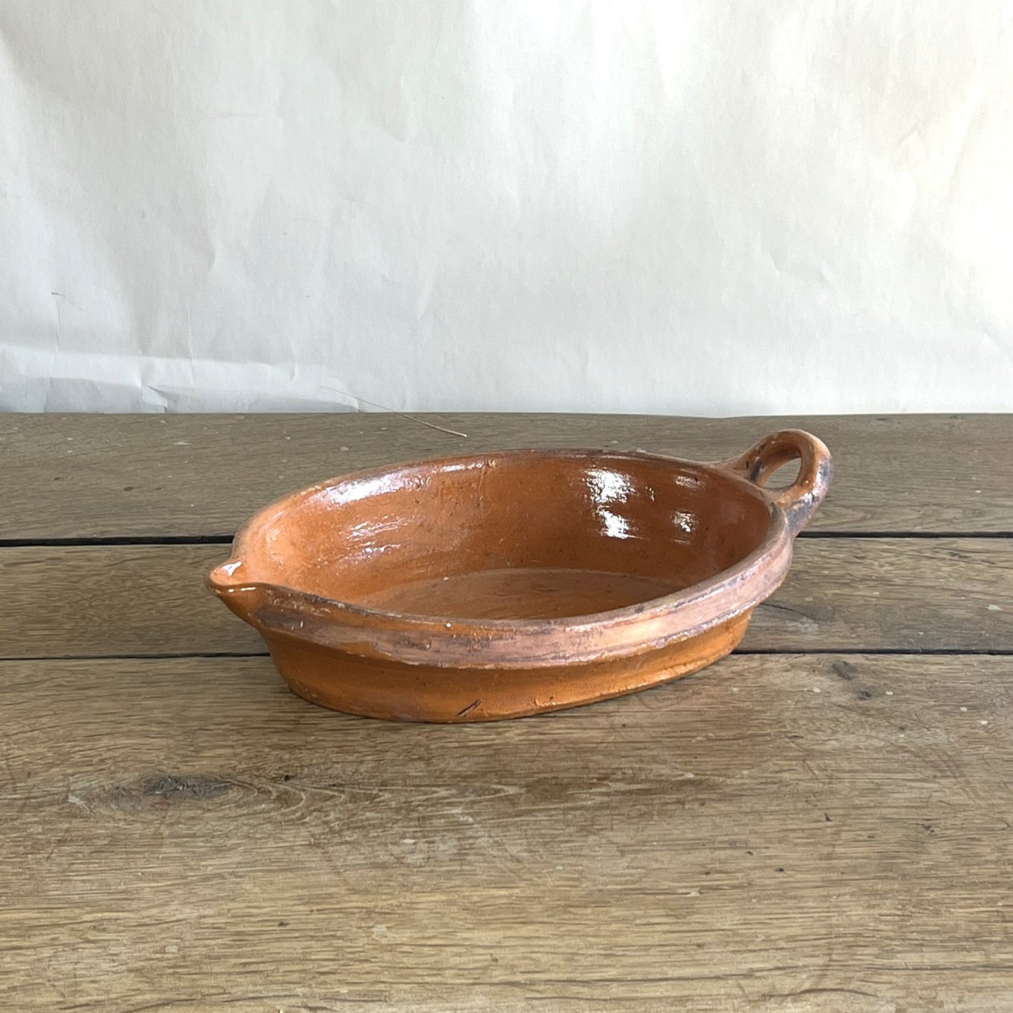 Antique French Terracotta Oval Baking Dish – Rustic Farmhouse Serving Bowl with Handle #06