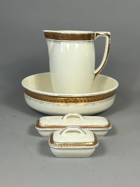 Antique European Wash Basin Set with Pitcher, Bowl & Toiletry Holders