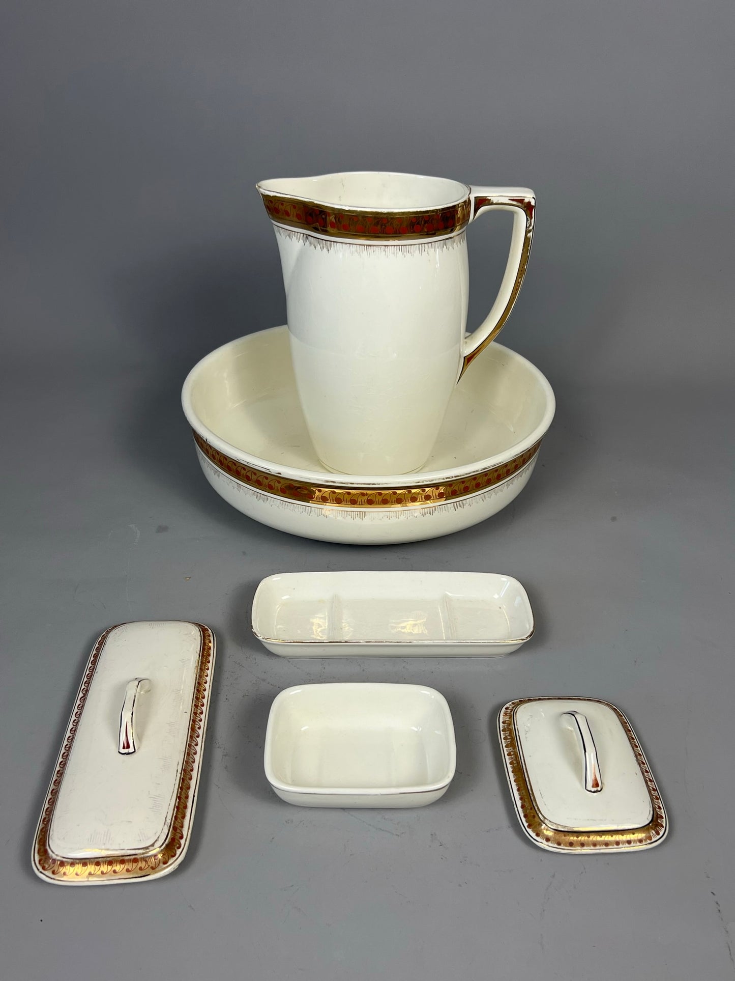 Antique European Wash Basin Set with Pitcher, Bowl & Toiletry Holders