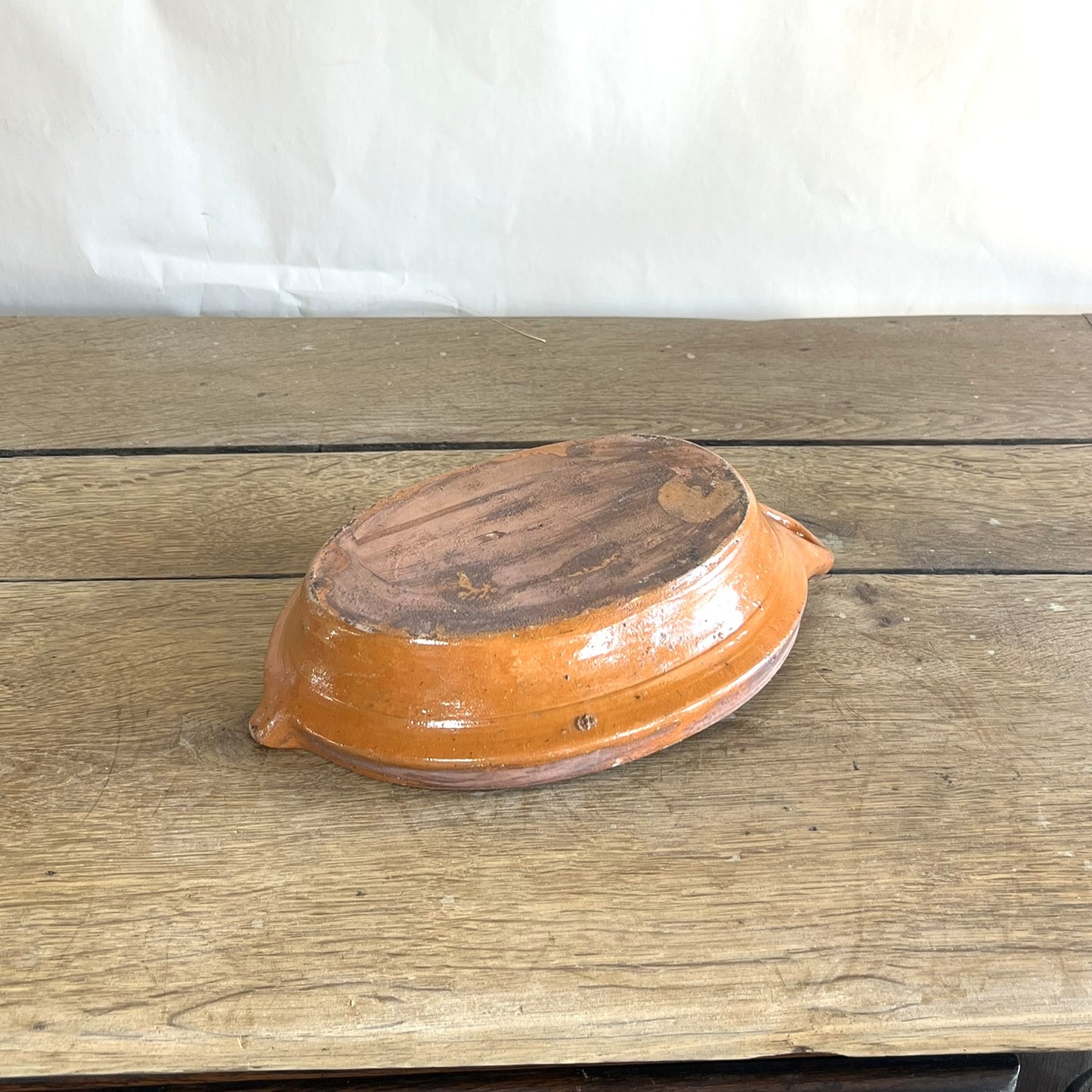 Antique French Terracotta Oval Baking Dish – Rustic Farmhouse Serving Bowl with Handle #06