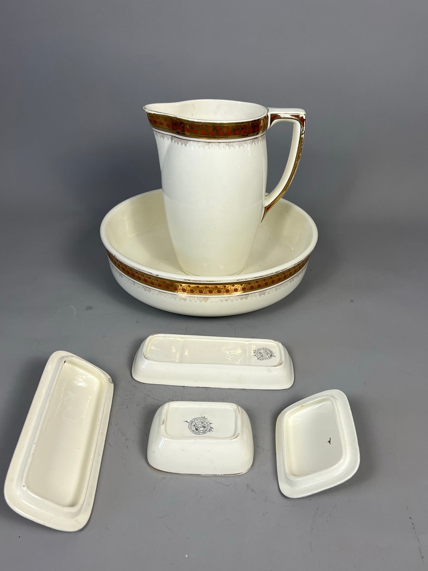 Antique European Wash Basin Set with Pitcher, Bowl & Toiletry Holders
