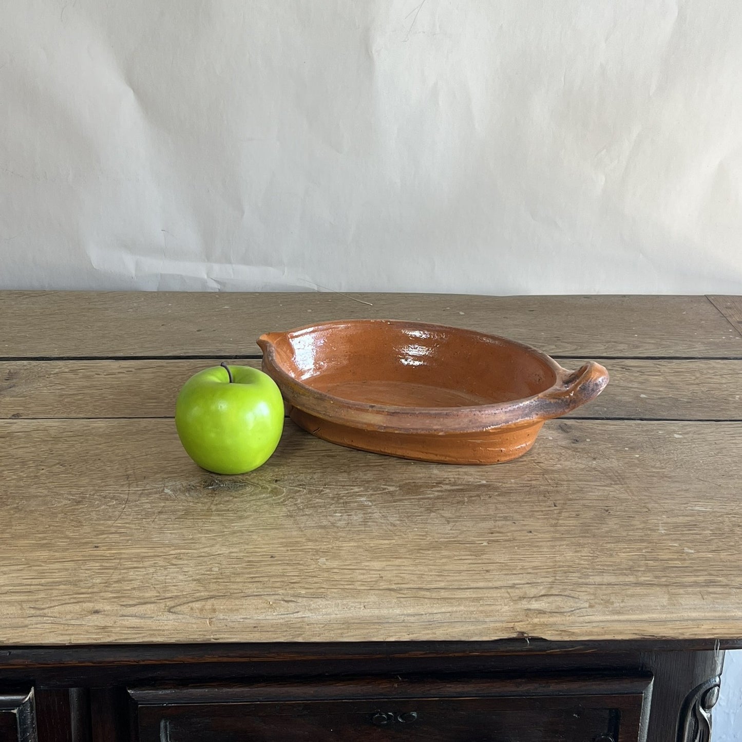 Antique French Terracotta Oval Baking Dish – Rustic Farmhouse Serving Bowl with Handle #06