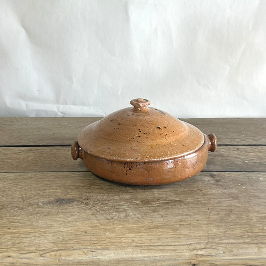 Antique French Terracotta Bowl with Lid – Rustic Farmhouse Kitchen Décor #04
