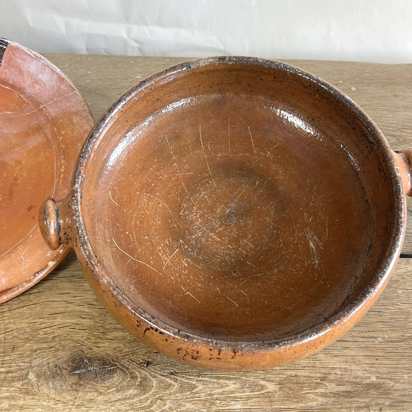 Antique French Terracotta Bowl with Lid – Rustic Farmhouse Kitchen Décor #04