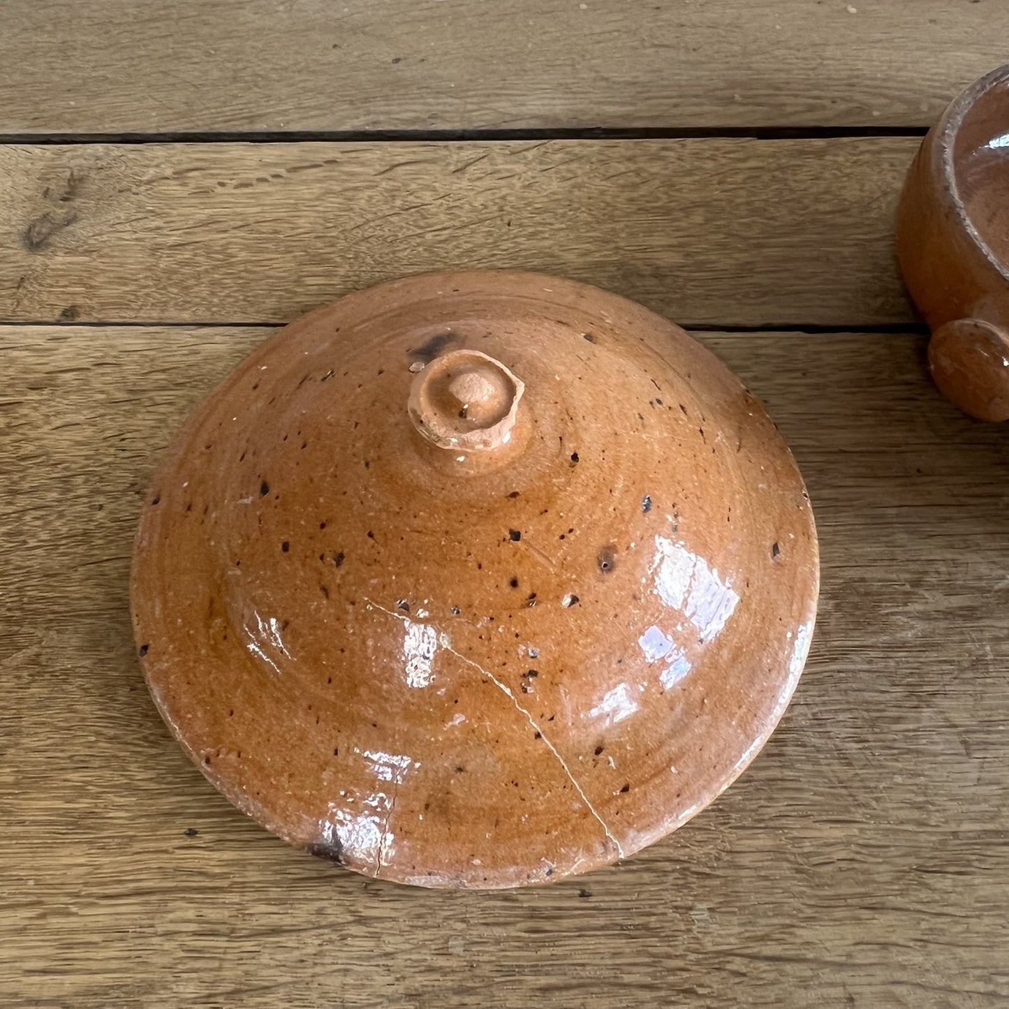 Antique French Terracotta Bowl with Lid – Rustic Farmhouse Kitchen Décor #04