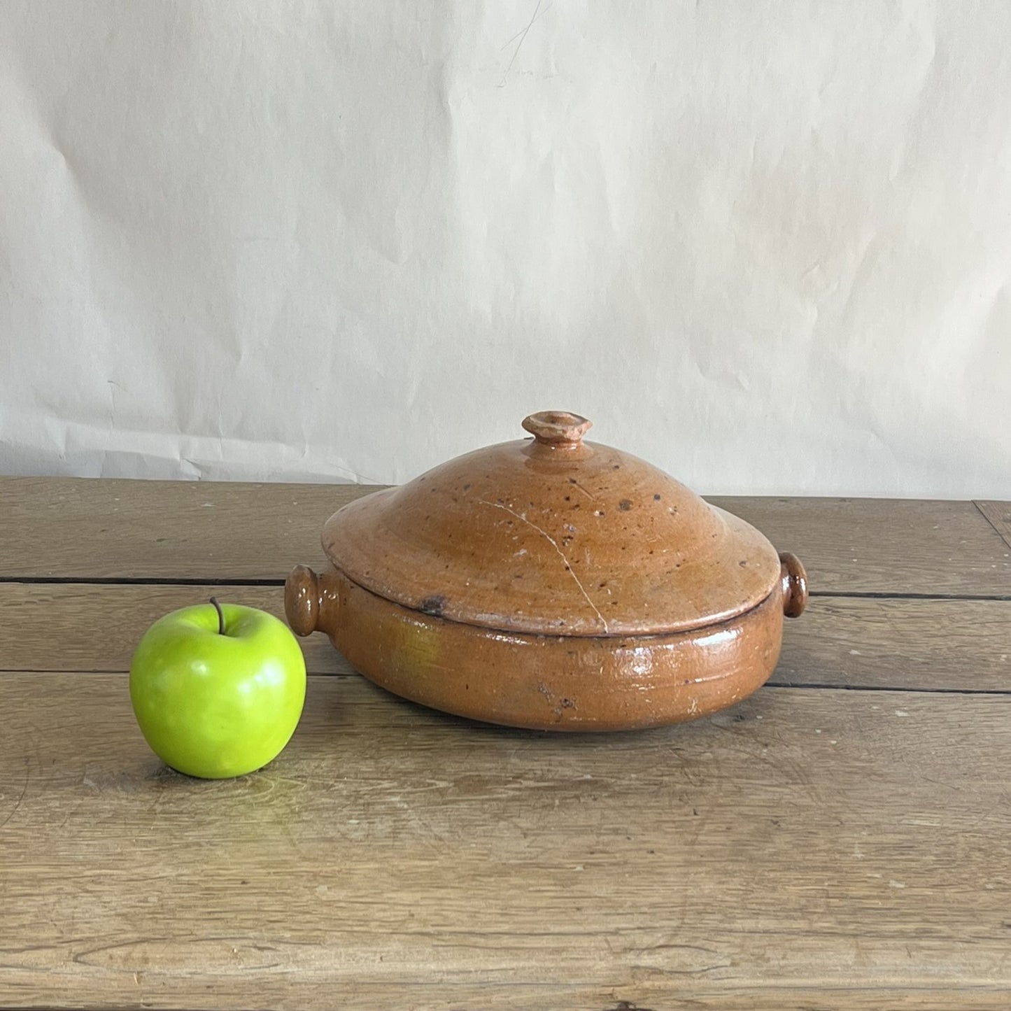 Antique French Terracotta Bowl with Lid – Rustic Farmhouse Kitchen Décor #04