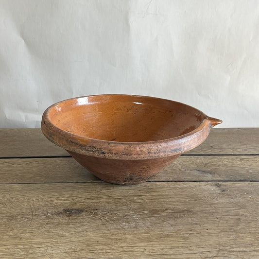 Antique French Terracotta Cream Separating Bowl – Rustic Farmhouse Pottery Centerpiece #01