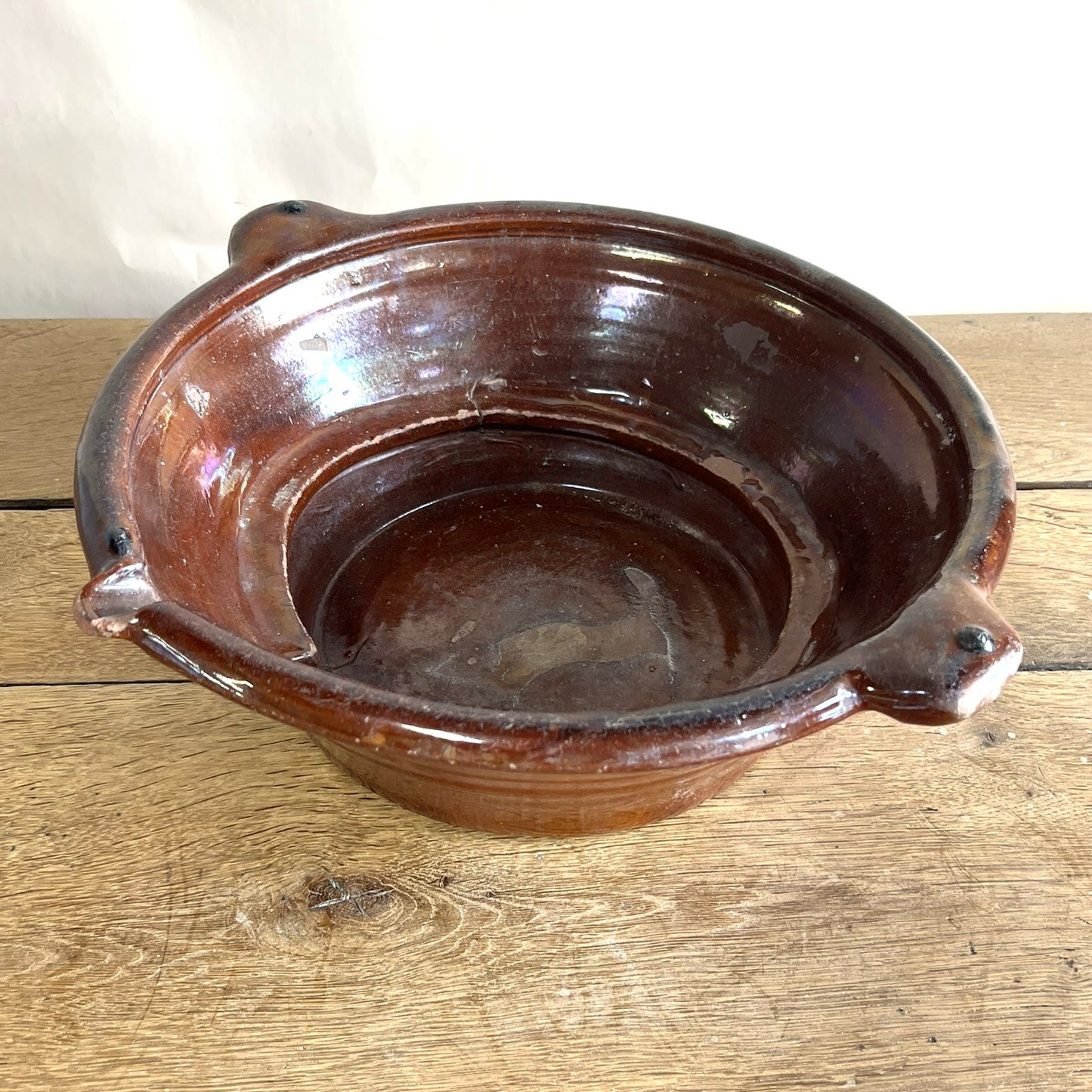 Antique French Terracotta Cream Separating Bowl – Rustic Farmhouse Pottery Centerpiece #403