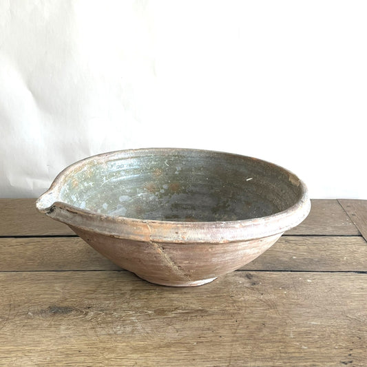 Mended Antique French Terracotta Cream Separating Bowl – Rustic Farmhouse Pottery Centerpiece #16