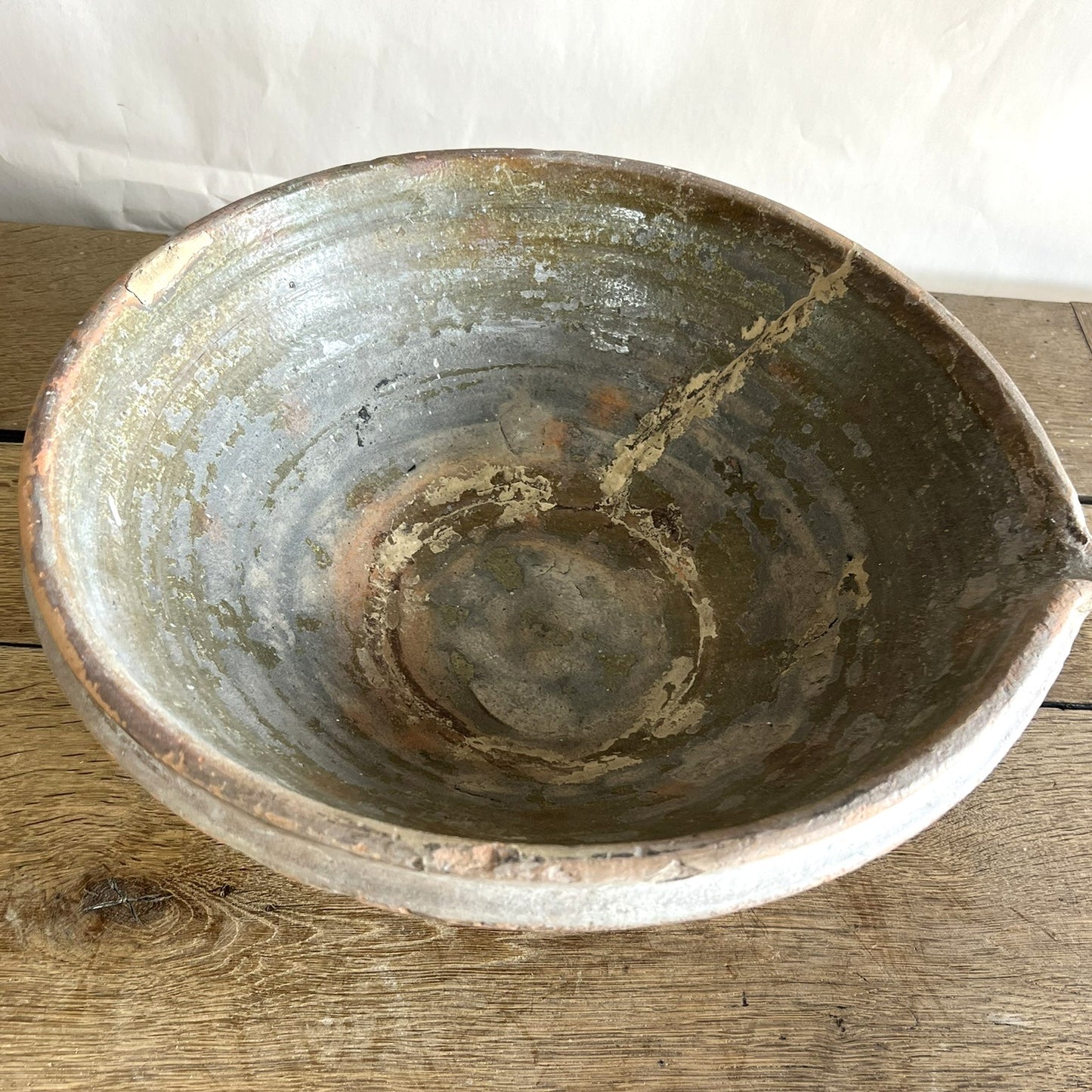 Mended Antique French Terracotta Cream Separating Bowl – Rustic Farmhouse Pottery Centerpiece #16