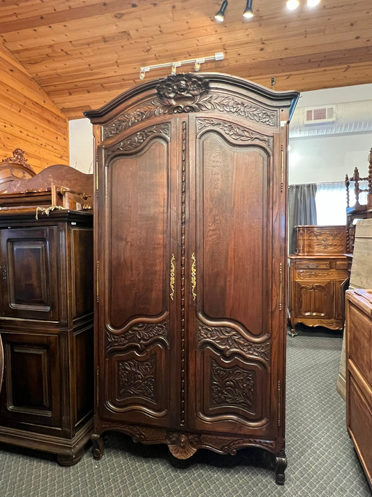 Antique French Normandy Carved Oak Armoire, Circa 1900