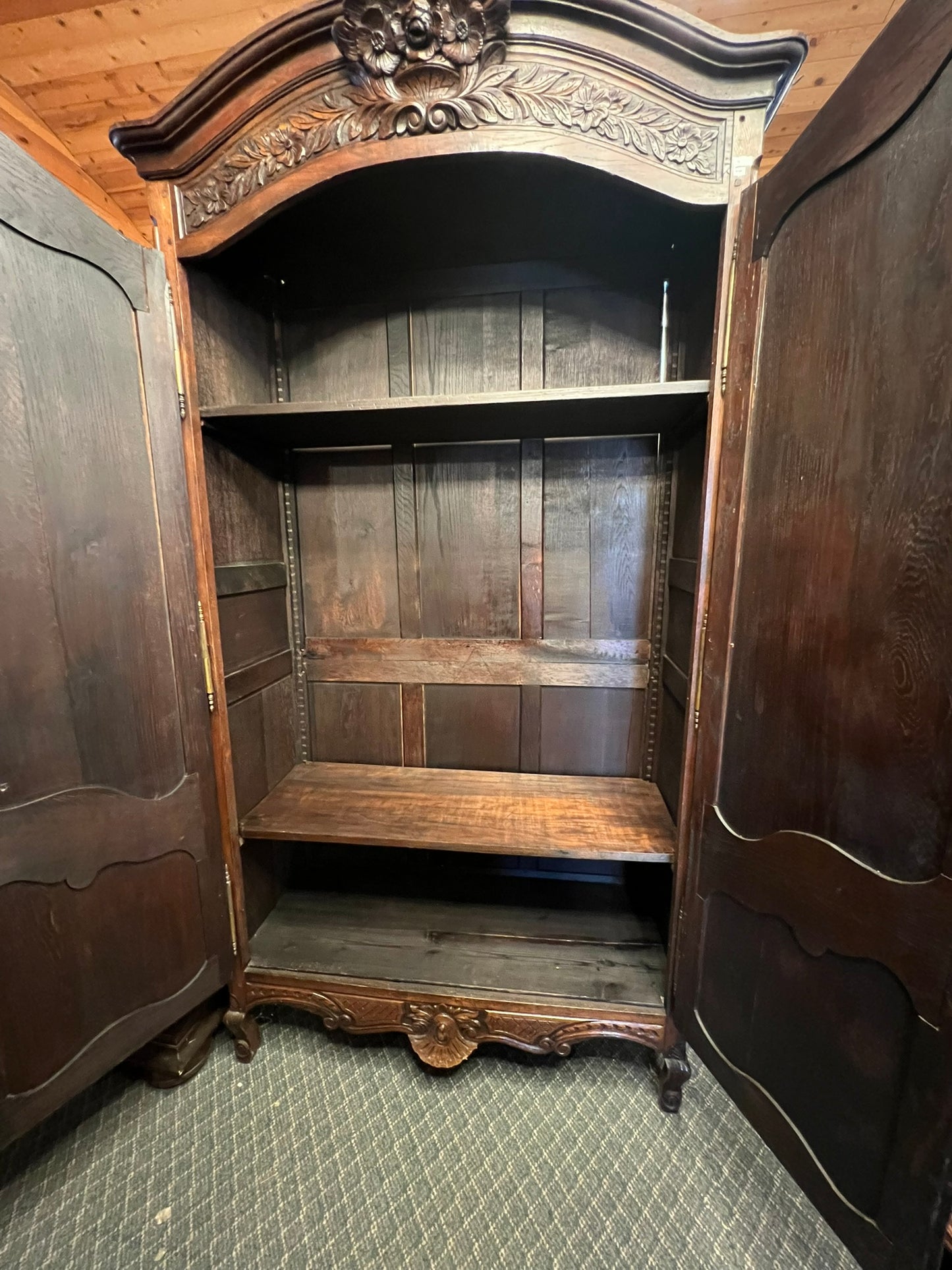 Antique French Normandy Carved Oak Armoire, Circa 1900