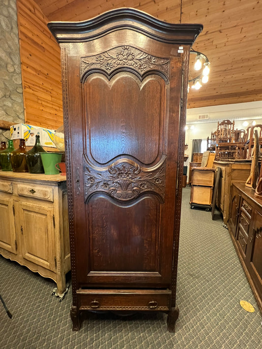 Antique French Normandy Carved Oak Bonnetière Armoire