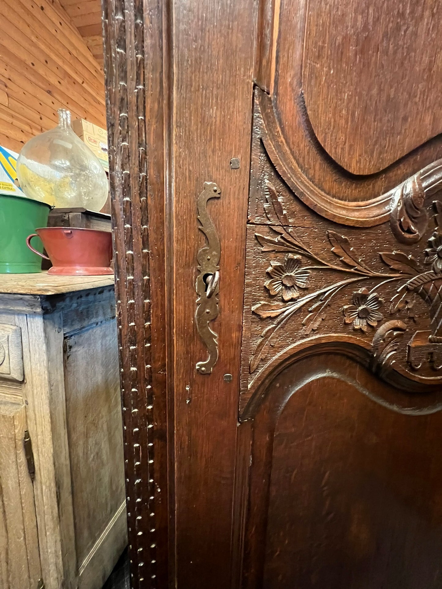 Antique French Normandy Carved Oak Bonnetière Armoire