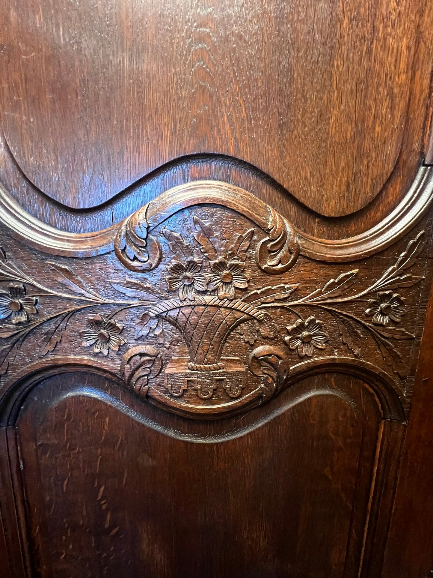 Antique French Normandy Carved Oak Bonnetière Armoire