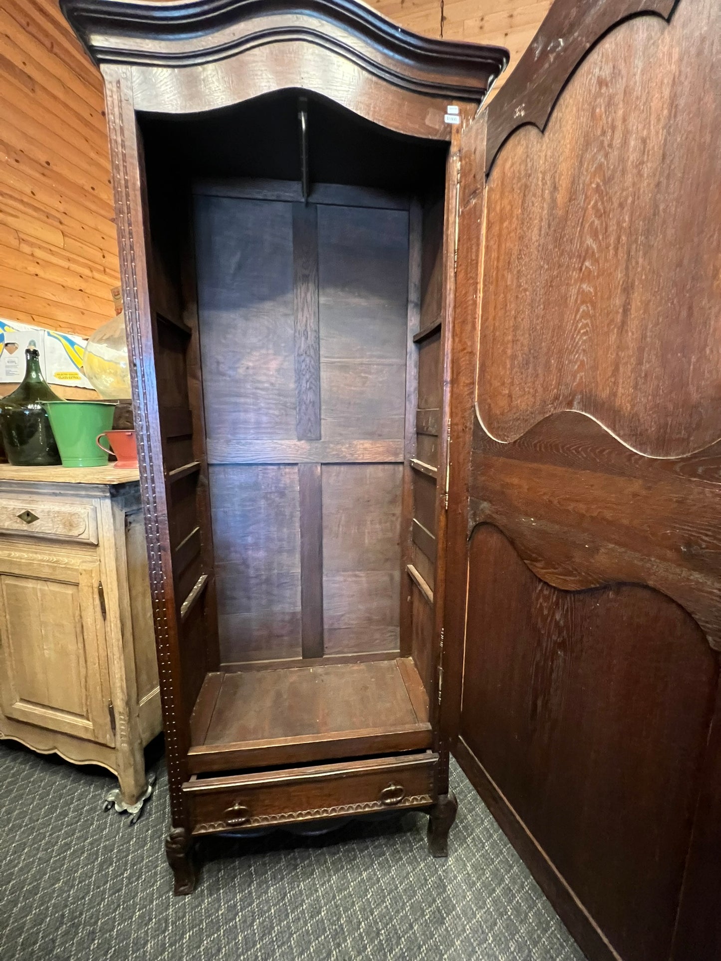 Antique French Normandy Carved Oak Bonnetière Armoire