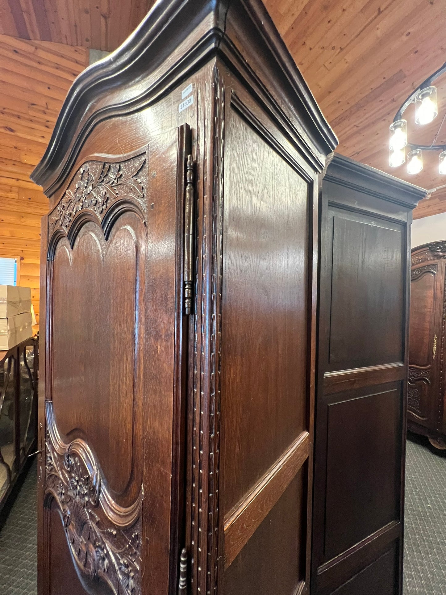Antique French Normandy Carved Oak Bonnetière Armoire