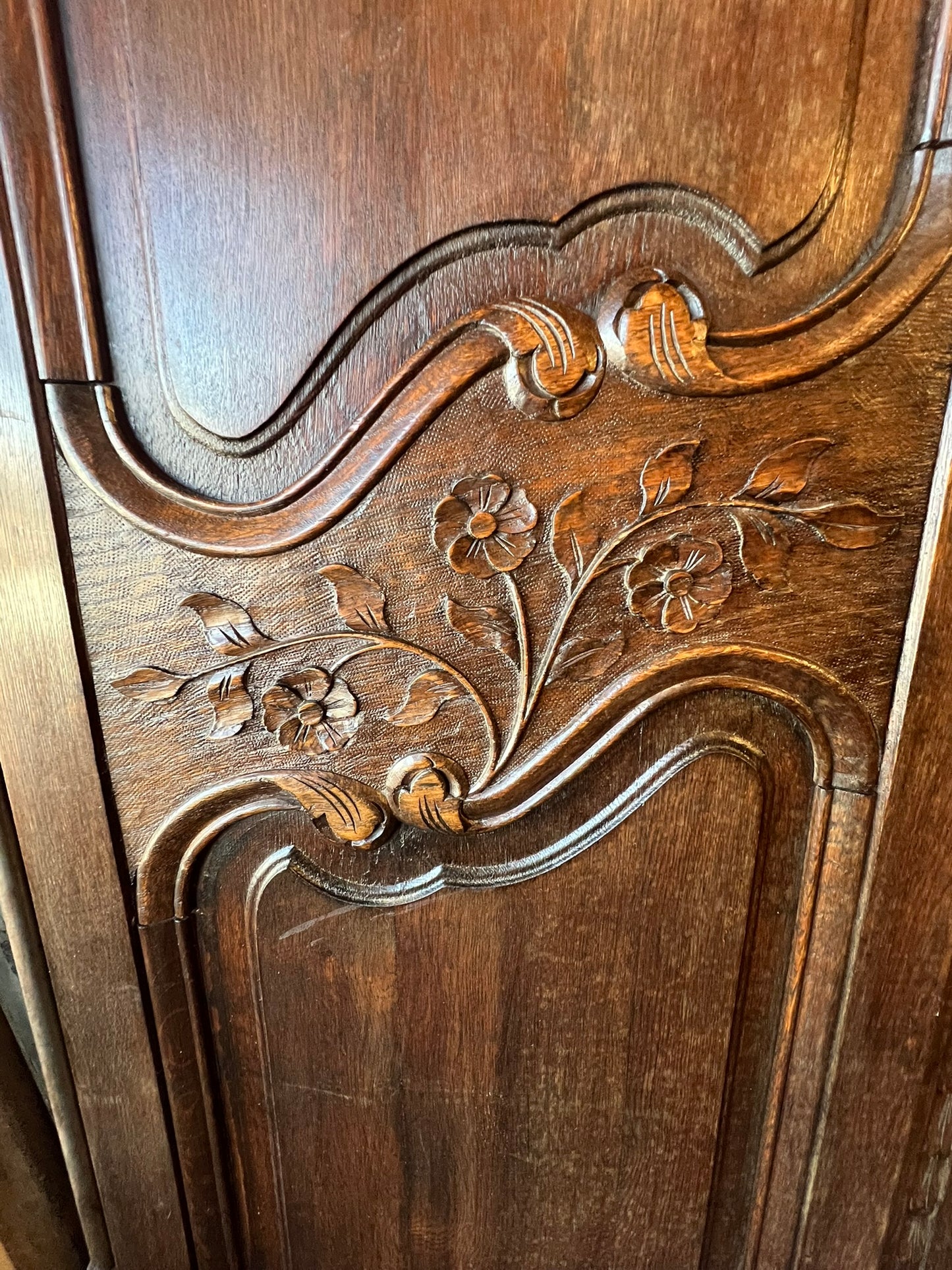 Antique French Normandy Carved Oak Armoire