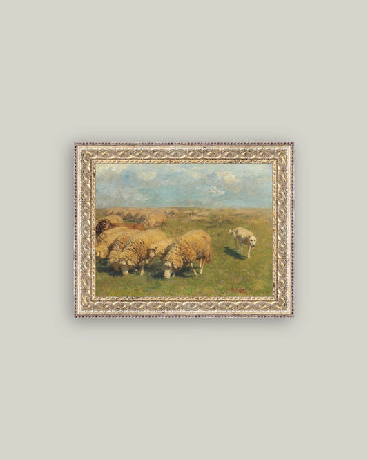Sheep with Sheep Dog Framed Antique Art  10x8