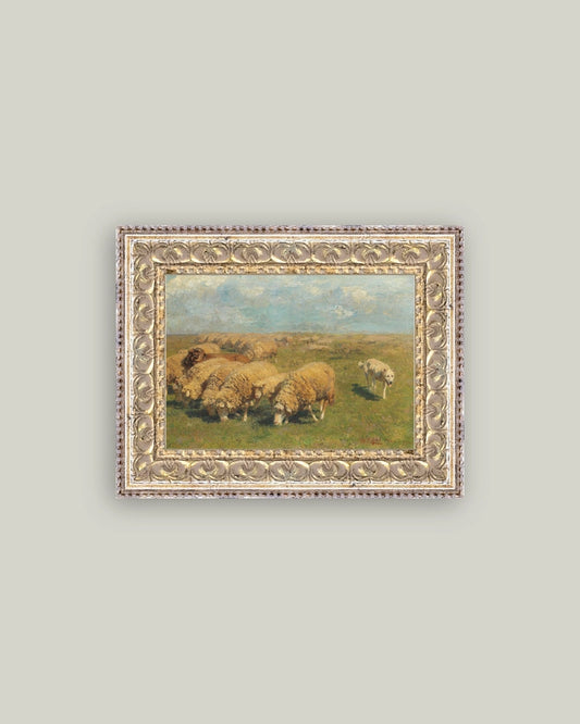 Sheep with Sheep Dog Framed Antique Art 7x5