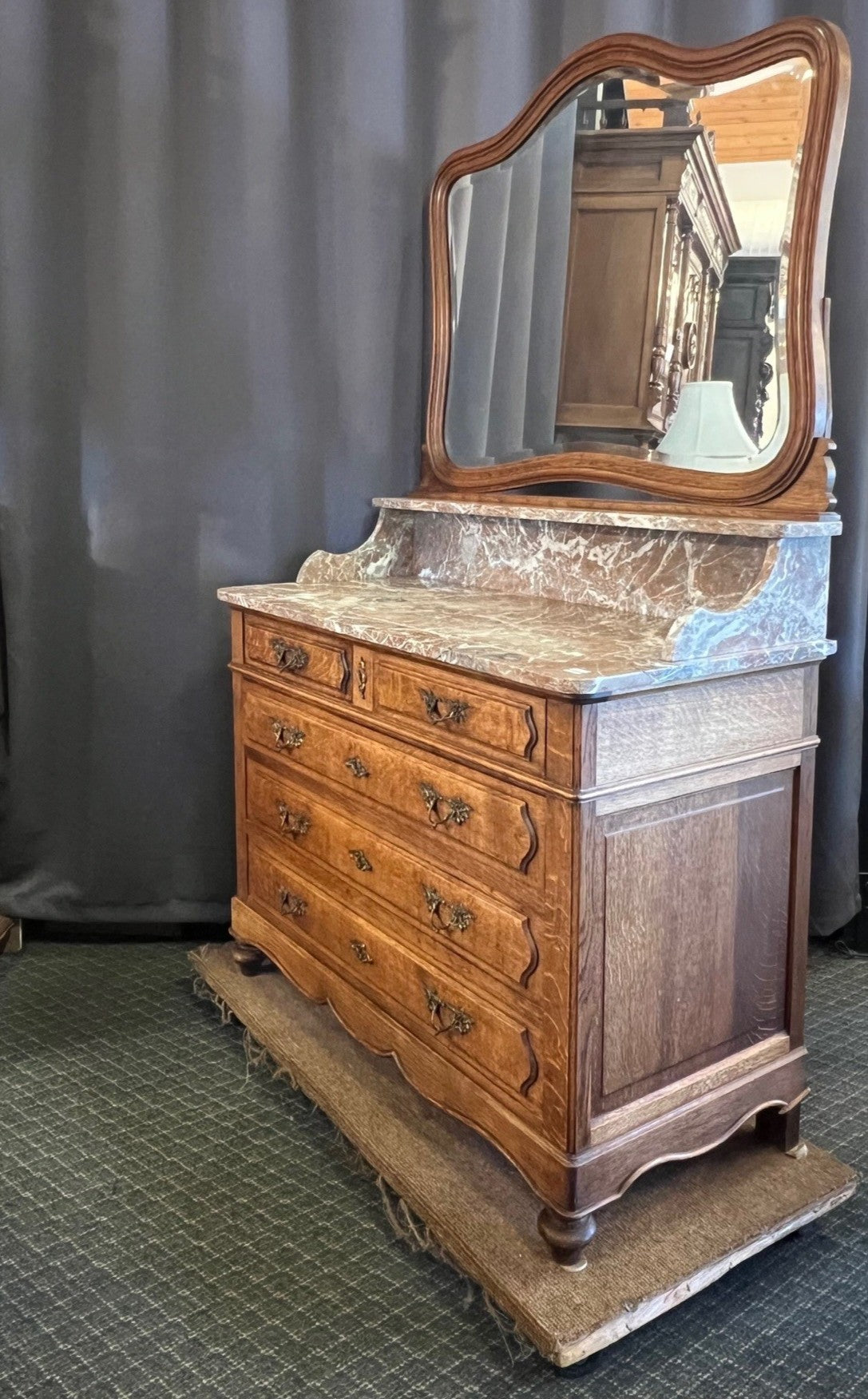 Antique French Oak Dresser with Beveled Mirror