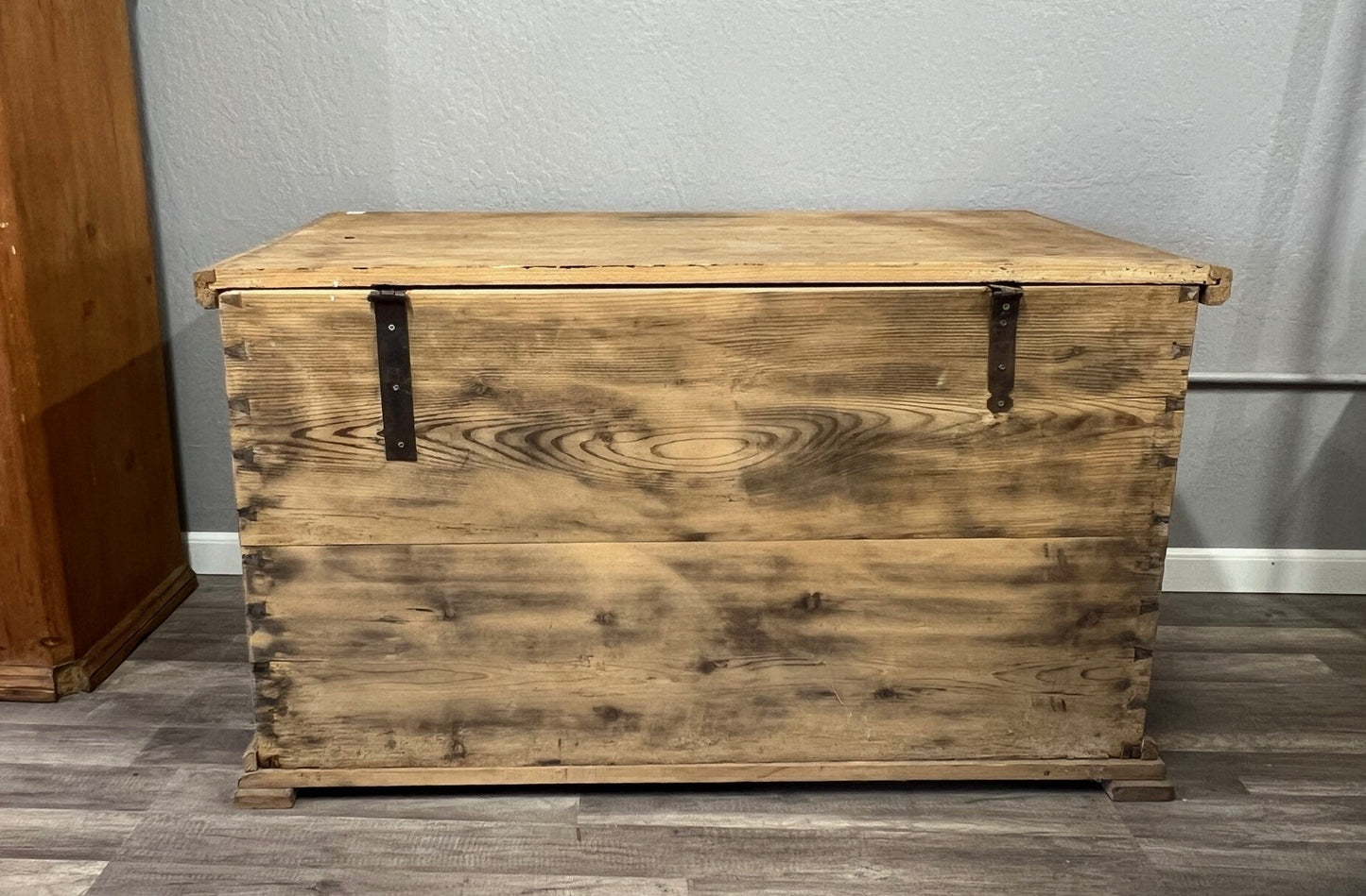 Vintage German Pine Trunk with Drawer – Rustic Blanket Chest Storage Box #106