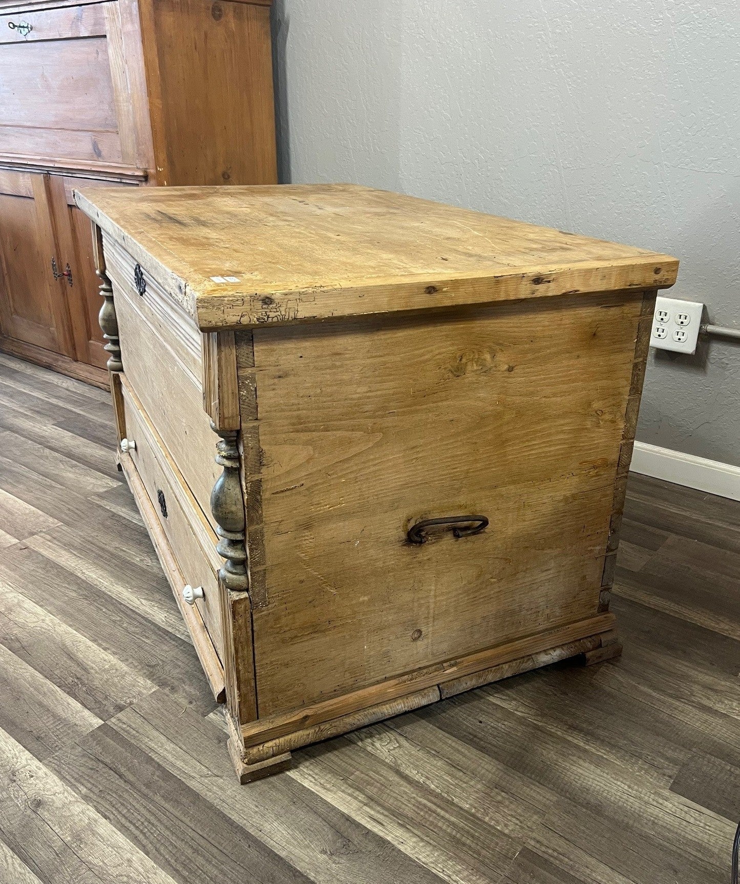 Vintage German Pine Trunk with Drawer – Rustic Blanket Chest Storage Box #106