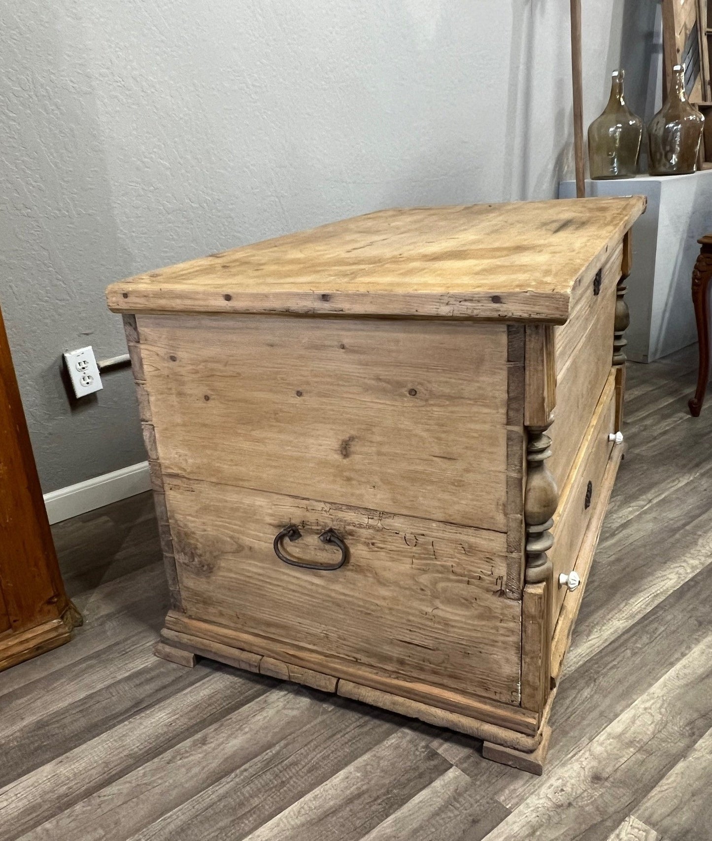 Vintage German Pine Trunk with Drawer – Rustic Blanket Chest Storage Box #106