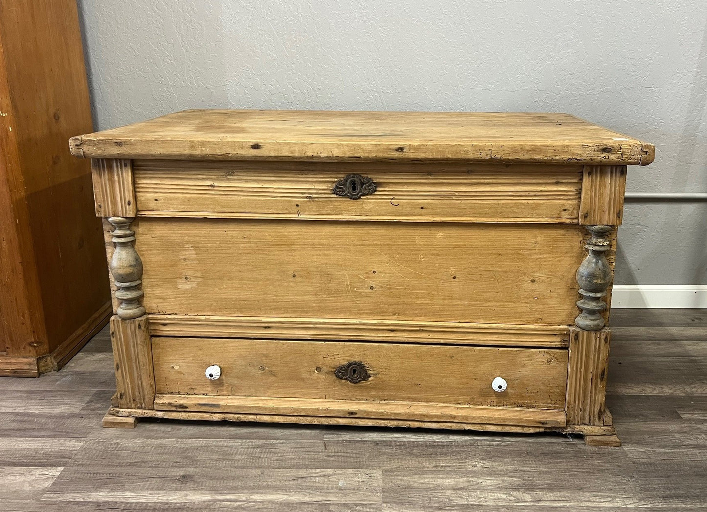 Vintage German Pine Trunk with Drawer – Rustic Blanket Chest Storage Box #106