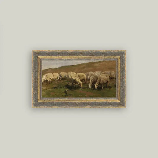 Sheep Landscape Framed Antique Styled Art 12x7