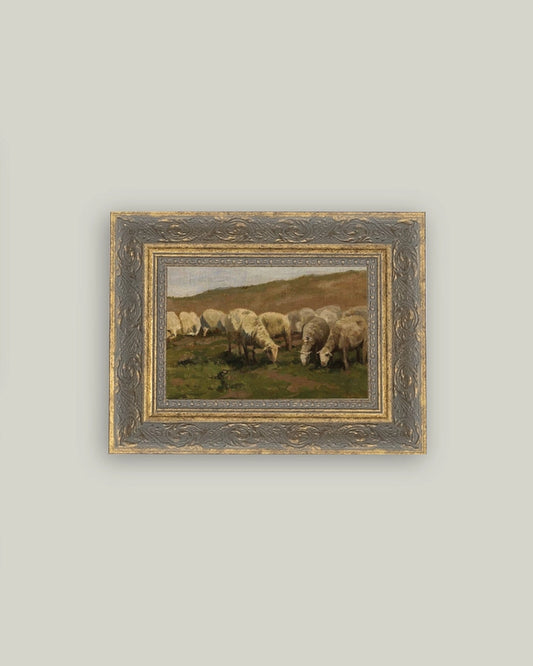 Sheep Landscape Framed Antique Styled Art 7x5